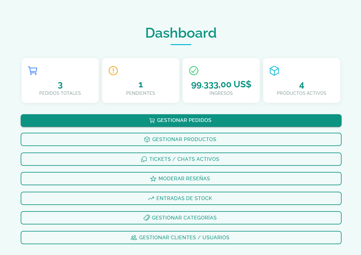 Panel de administración centralizado de VetaHub con gestión de pedidos y stock