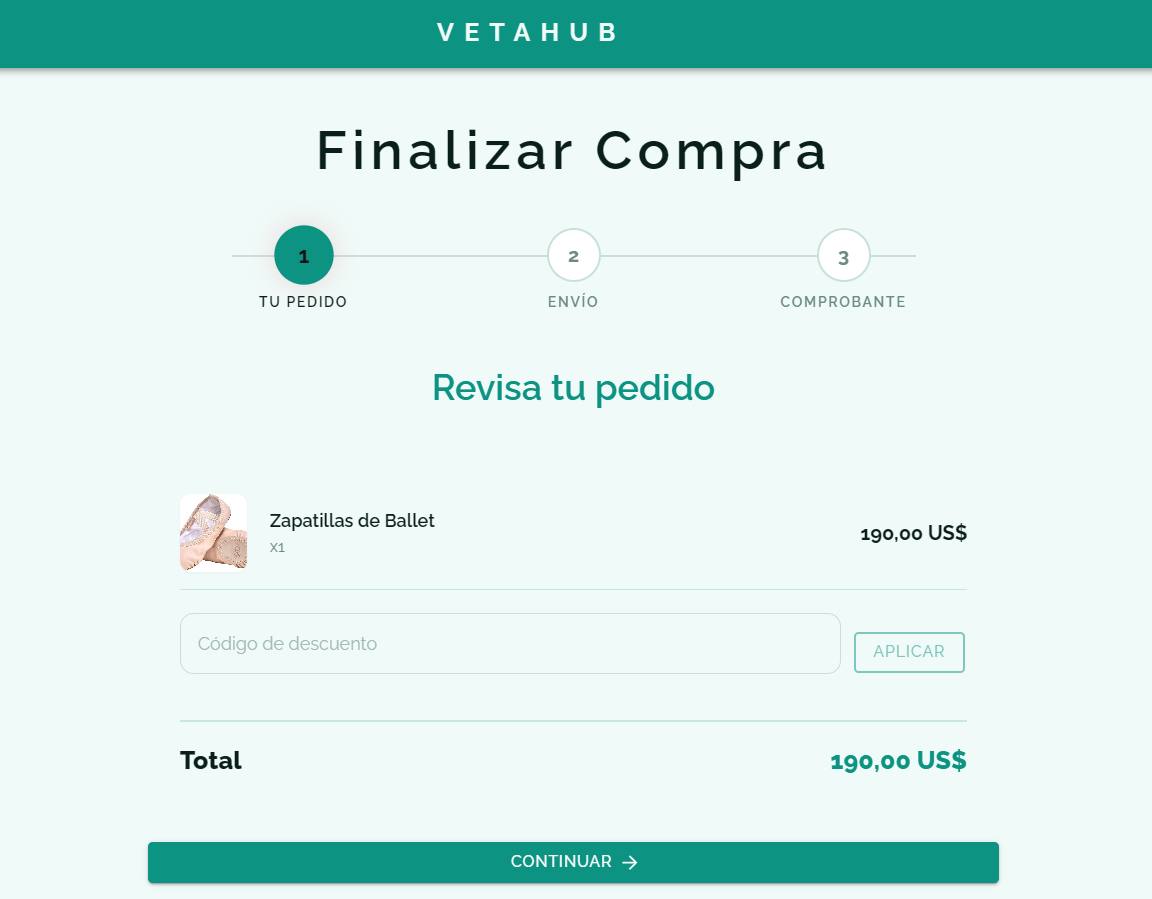 Proceso de checkout multistep con carrito de compras en VetaHub